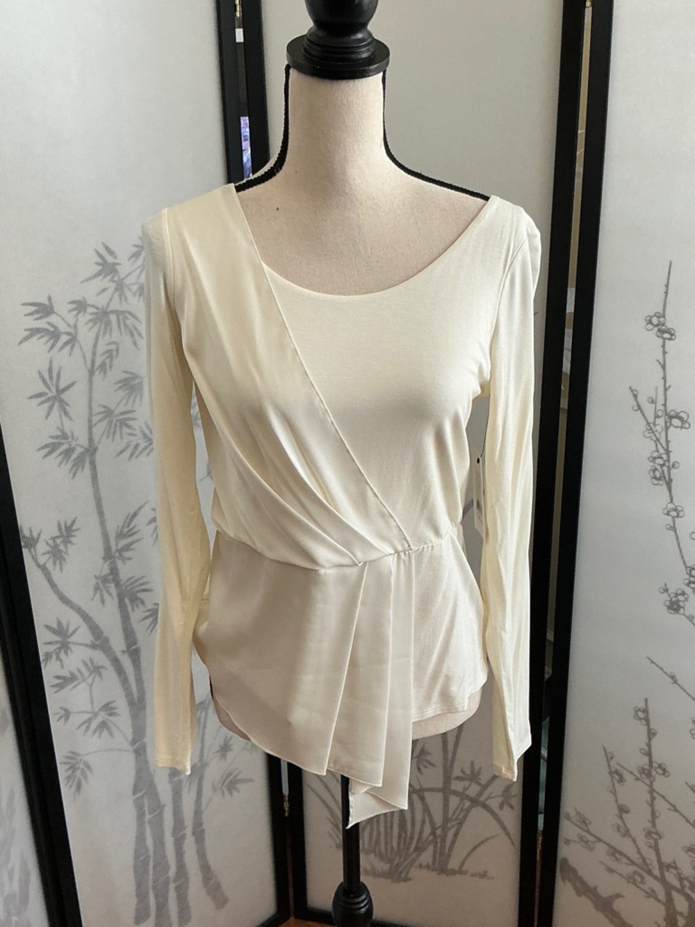 Bailey 44 Cream Asymmetric Draped Long-Sleeve Top